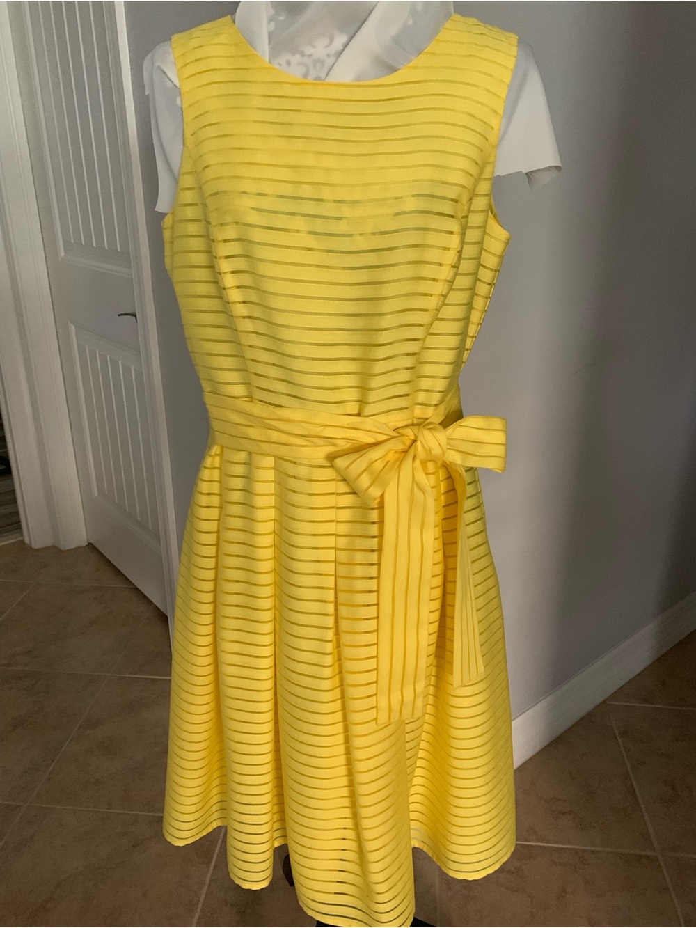Tommy Hilfiger Yellow Striped Sleeveless Midi Dress with Self-Tie Belt